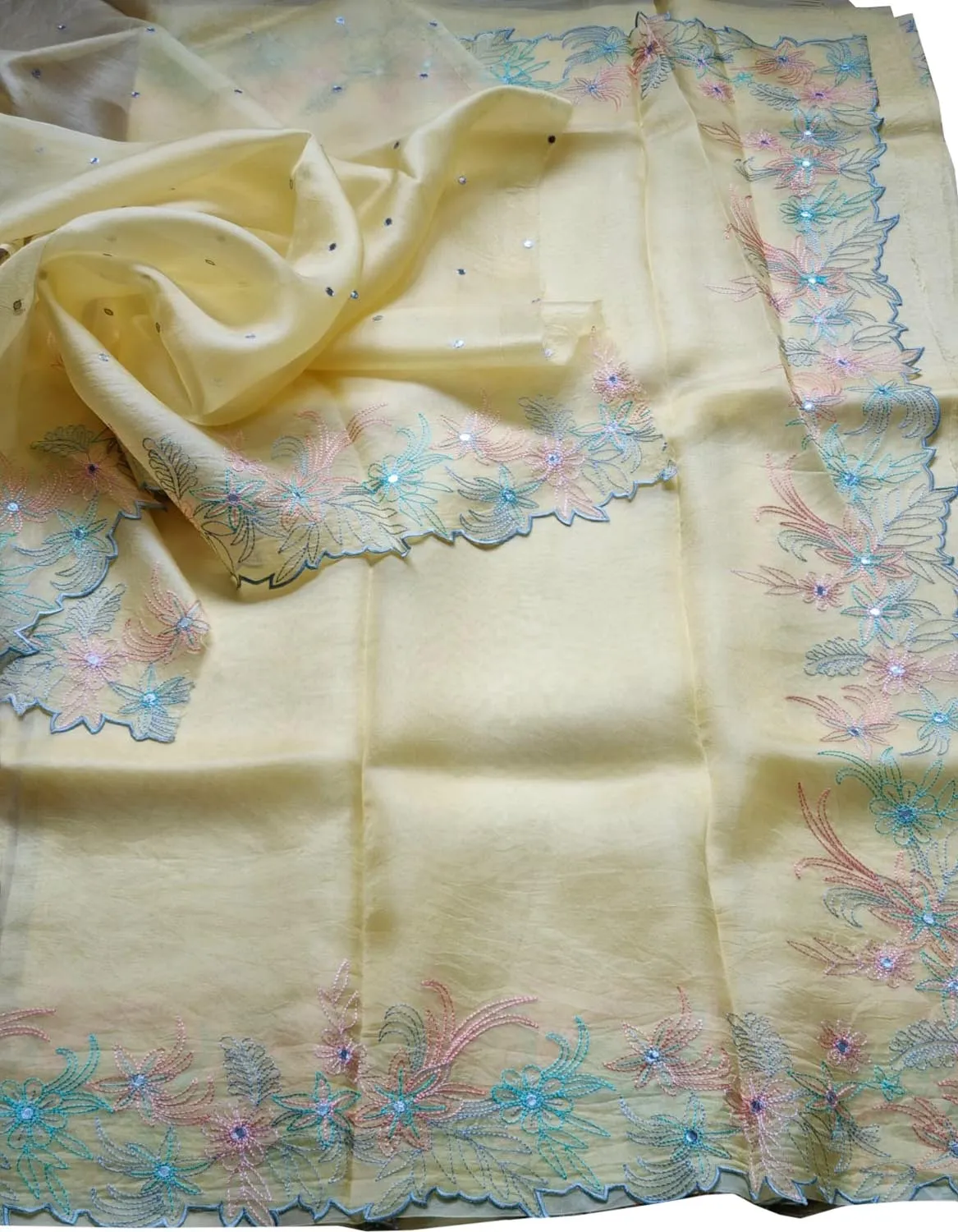 Yellow Organza Silk Saree with Mirror Work