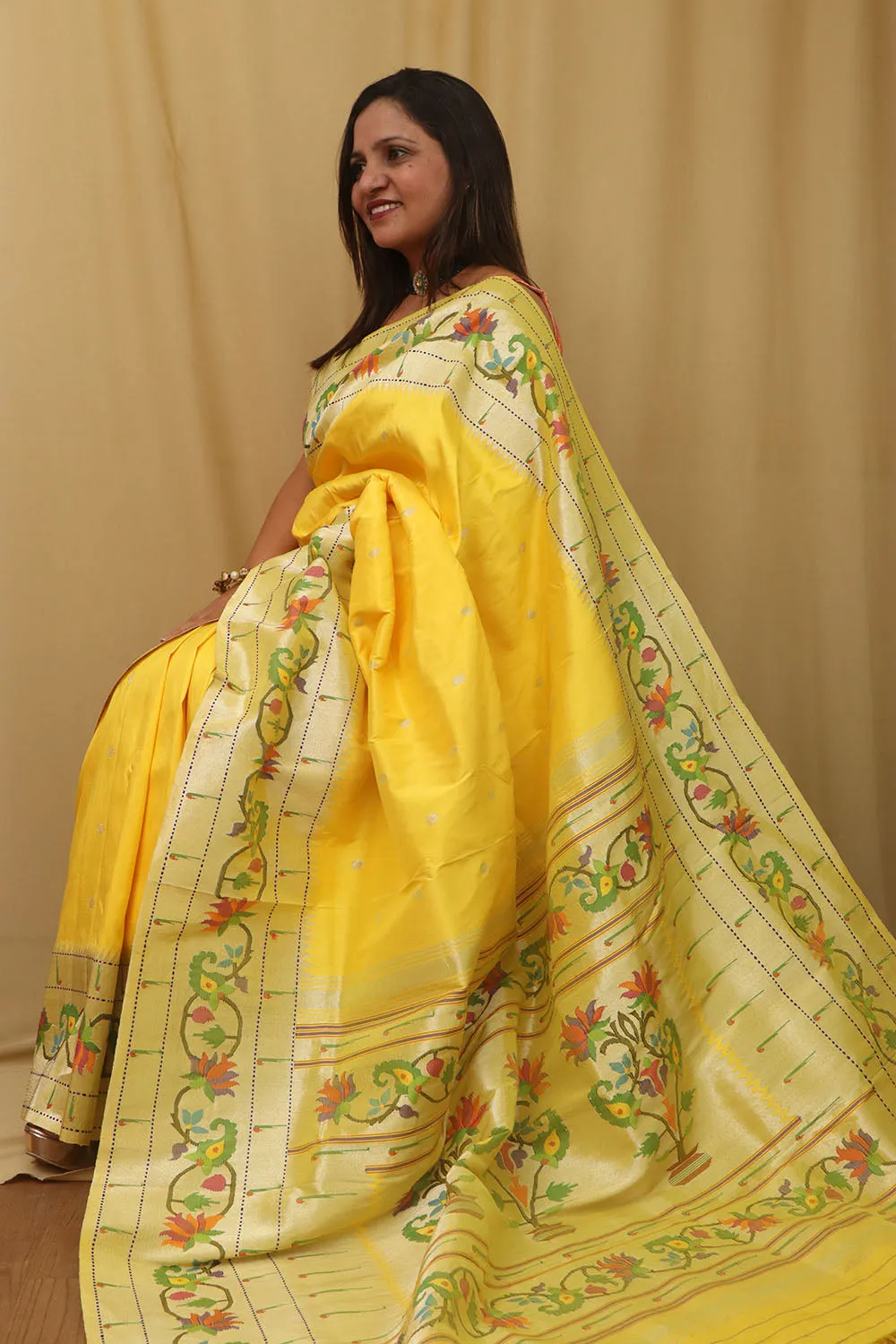 Yellow Paithani Silk Saree with Flower Design Border