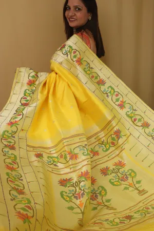 Yellow Paithani Silk Saree with Flower Design Border