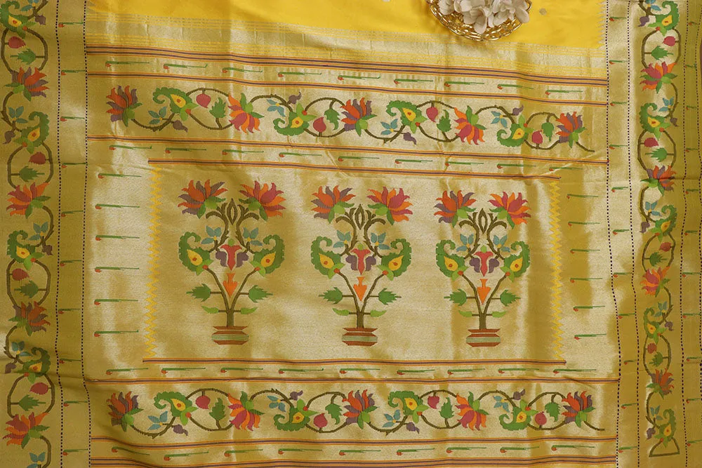 Yellow Paithani Silk Saree with Flower Design Border
