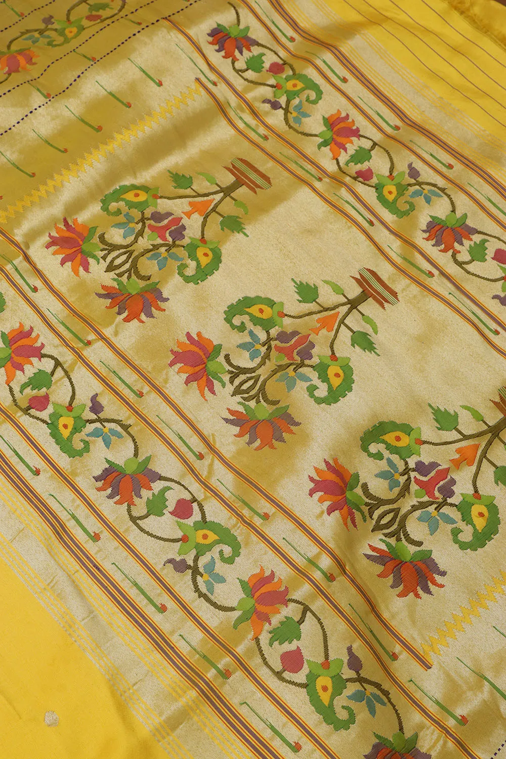 Yellow Paithani Silk Saree with Flower Design Border