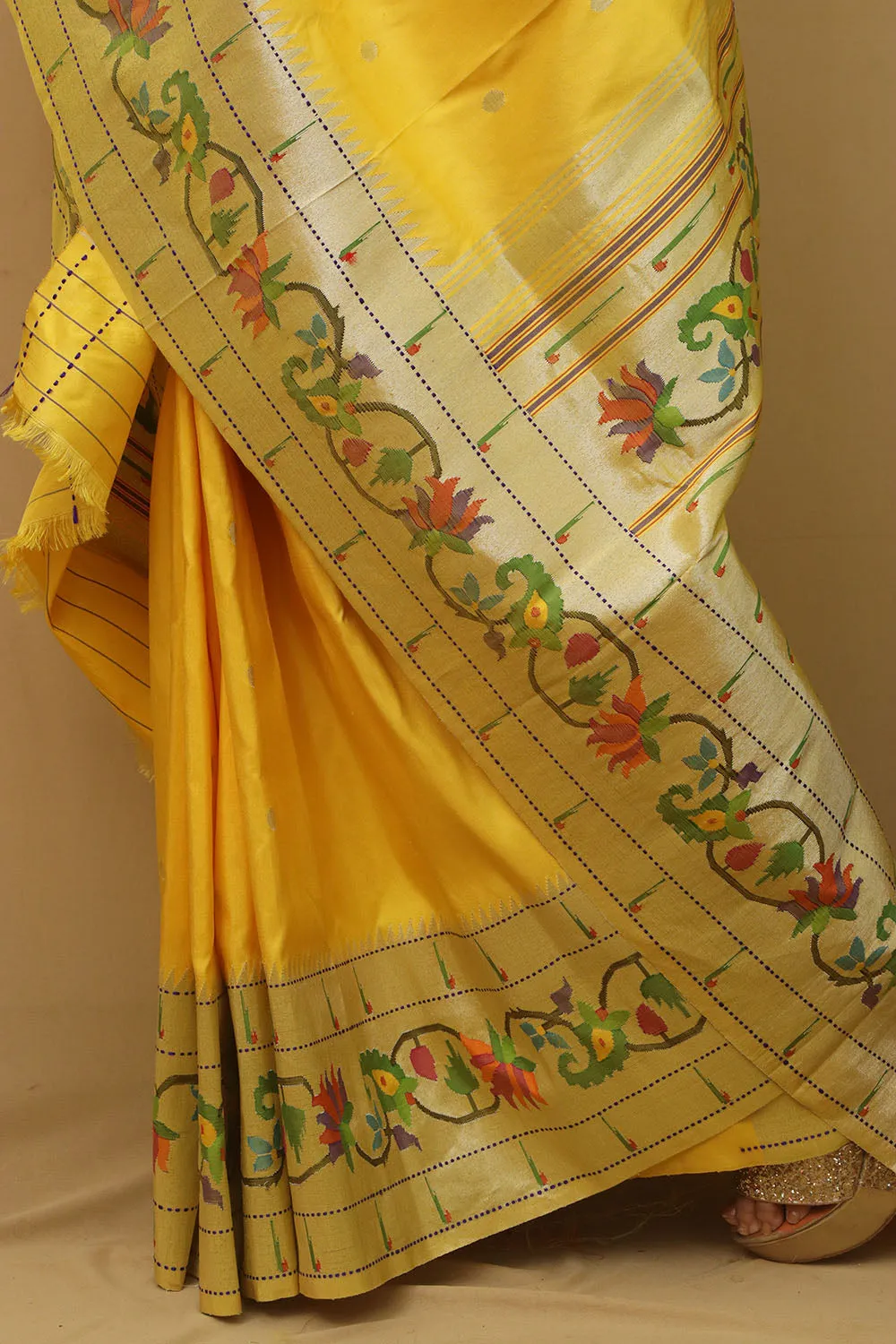 Yellow Paithani Silk Saree with Flower Design Border