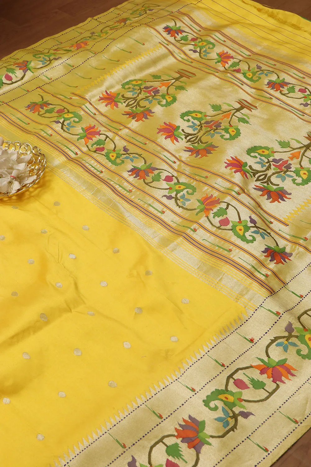 Yellow Paithani Silk Saree with Flower Design Border