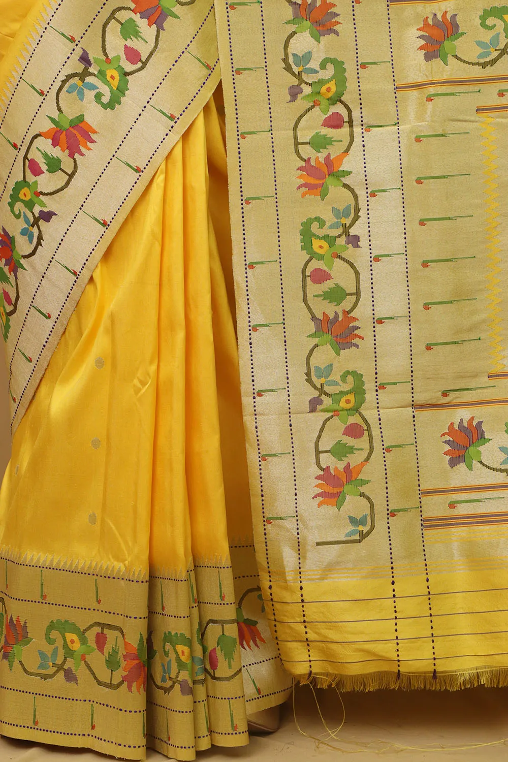 Yellow Paithani Silk Saree with Flower Design Border