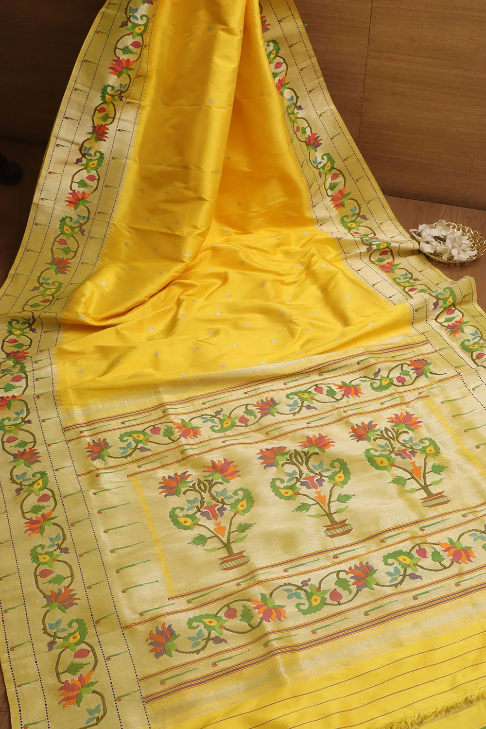 Yellow Paithani Silk Saree with Flower Design Border