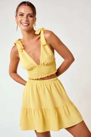 Yellow Shoulder Tie Smocked Top And Flowy Mini Skirt Set