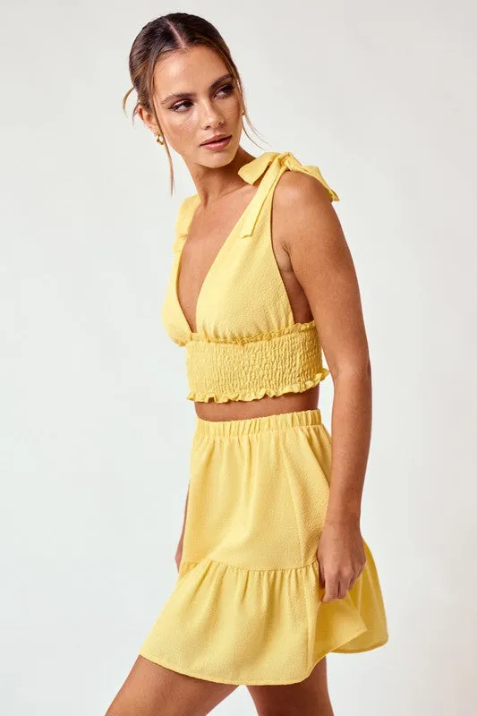 Yellow Shoulder Tie Smocked Top And Flowy Mini Skirt Set
