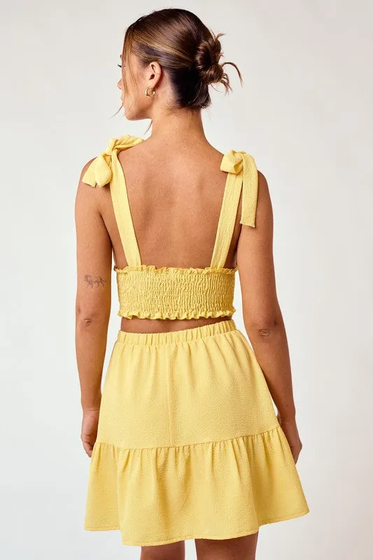 Yellow Shoulder Tie Smocked Top And Flowy Mini Skirt Set